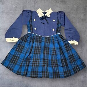 Vintage Baby Girl Plaid Dress Blue Long Sleeve Peter Pan Collar 2T‎